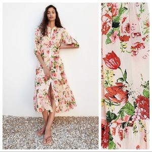 NWT. Zara White/Pink/Red Floral Print Midi Dress. Size XS.